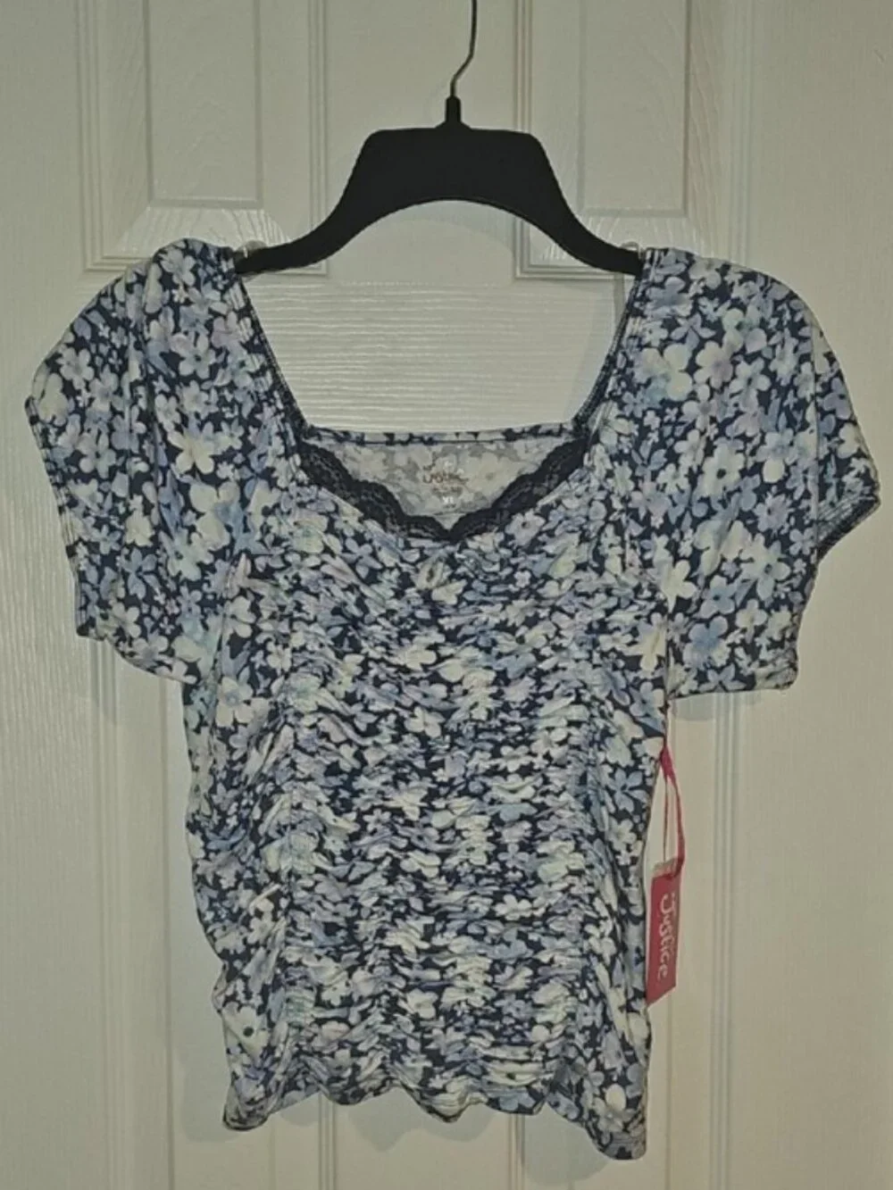 Justice Girls XL 16/18 Navy, White Floral Short Puff Sleeves Ruched Crop Top New